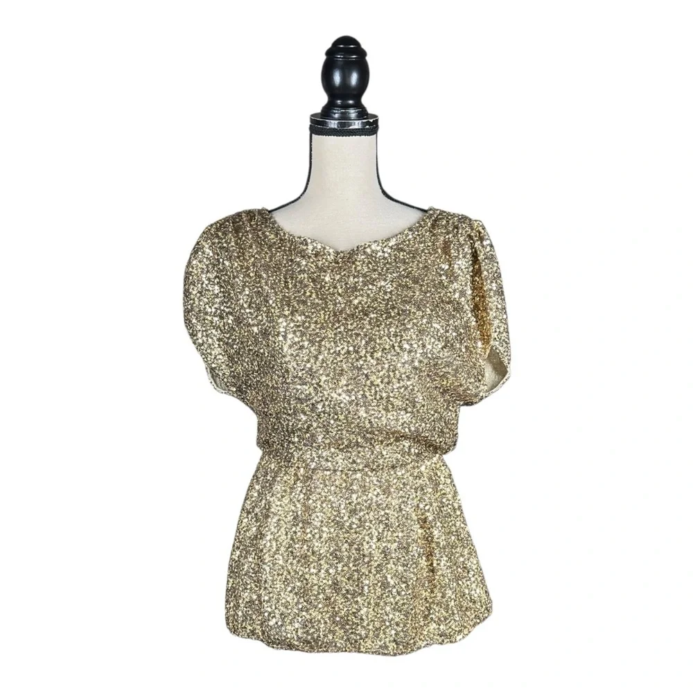 Alice + Olivia Barret Gold Sequin Blouson Party Glam Disco Top - Picture 2 of 5